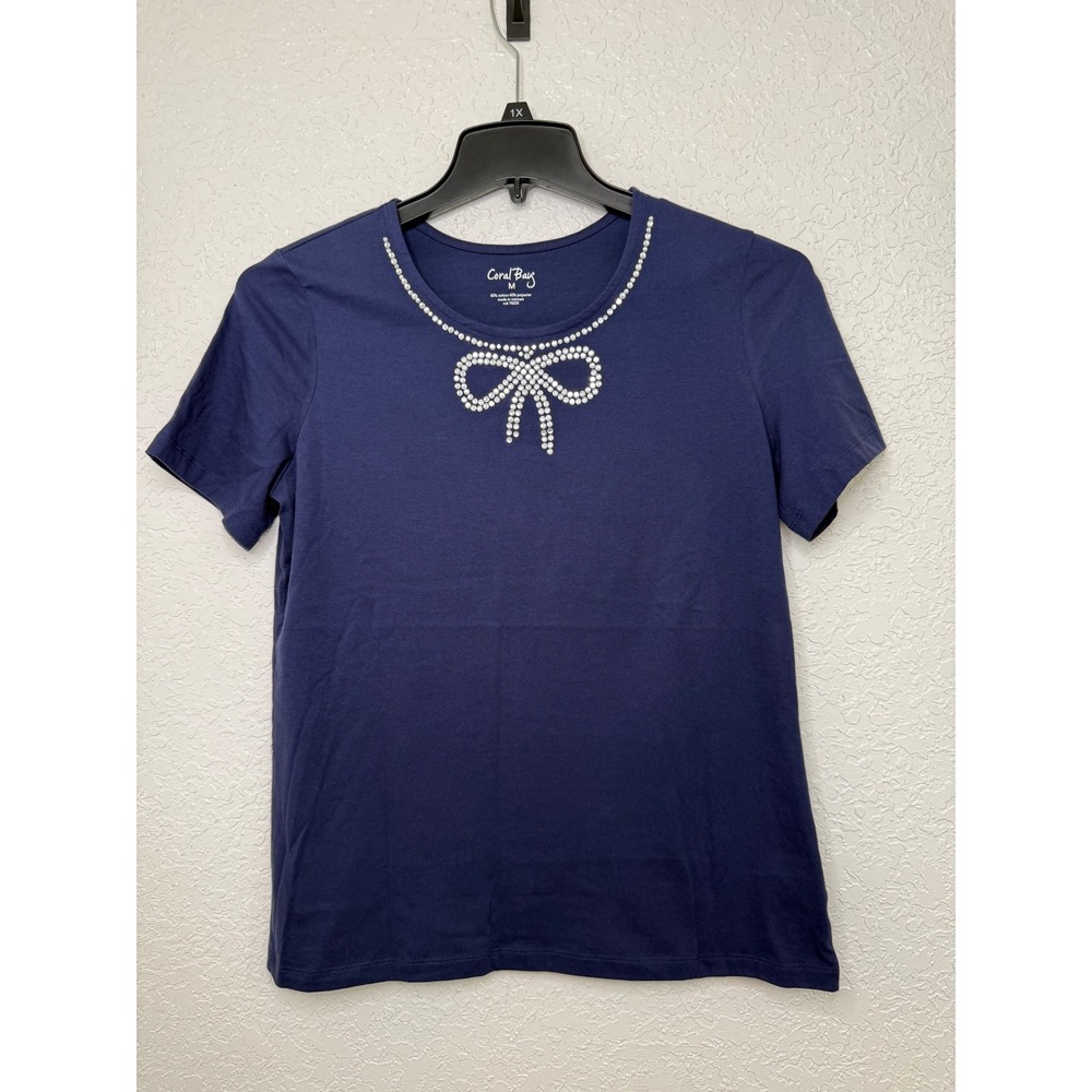 Coral Bay Womens Navy Blue Rhinestone Bow Graphic Short Sleeve T-Shirt Size M